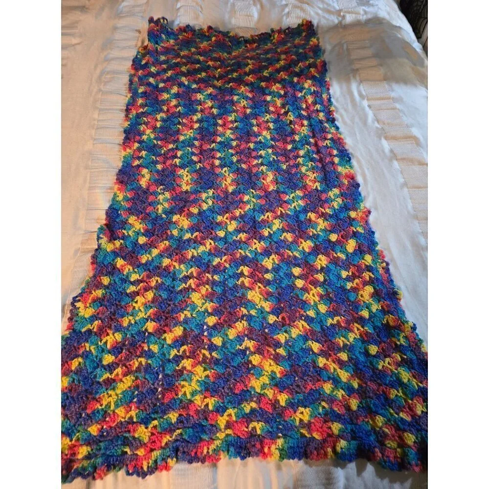 Vintage Handmade Colorful Knit Throw Blanket Pink Yellow Blue